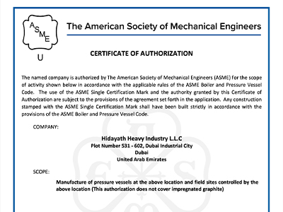 ASME U Certificate of Authorization